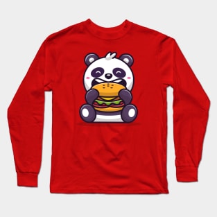 Cute Panda Eating Burger Cartoon Long Sleeve T-Shirt